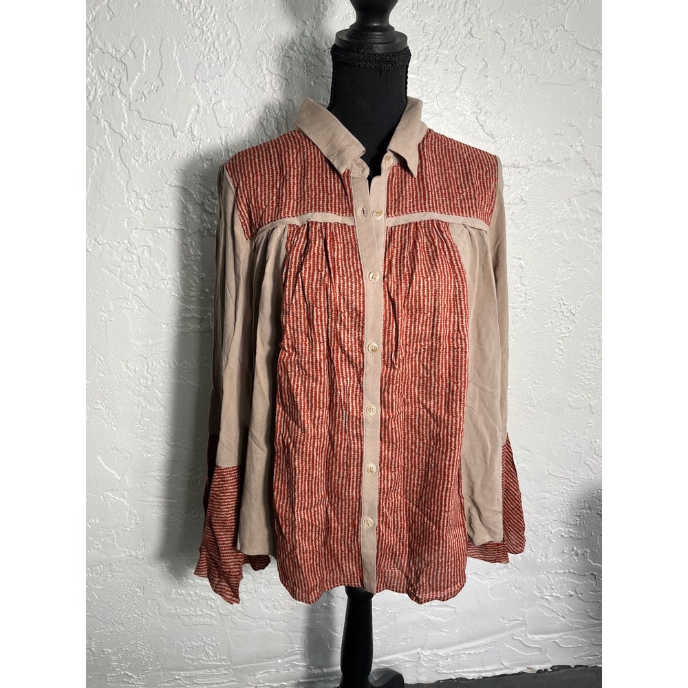 Mystree Rust Tan Mixed Print Button Front Tunic Top Boho Lagenlook NWT